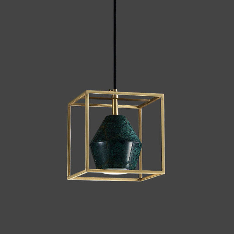 Blackish Green Shade Pendant Light Retro Nordic 1-Light Marble Hanging Light with Gold Cage