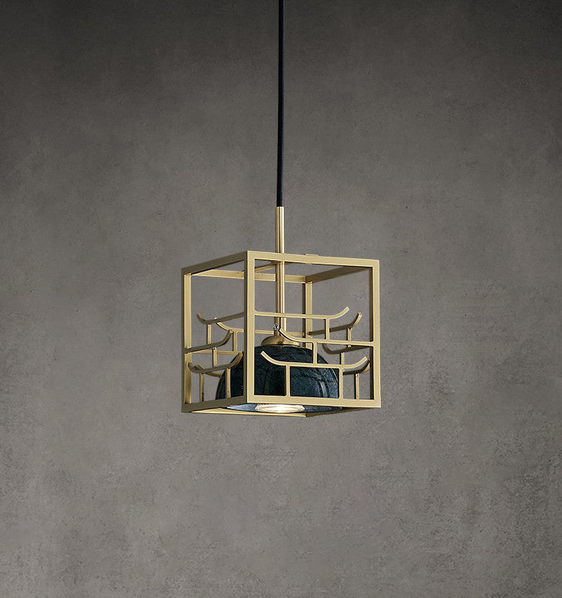 Blackish Green Shade Pendant Light Retro Nordic 1-Light Marble Hanging Light with Gold Cage