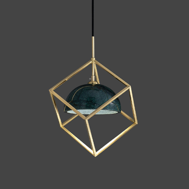 Blackish Green Shade Pendant Light Retro Nordic 1-Light Marble Hanging Light with Gold Cage