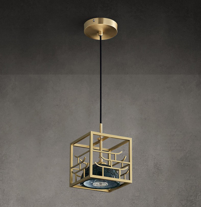 Blackish Green Shade Pendant Light Retro Nordic 1-Light Marble Hanging Light with Gold Cage