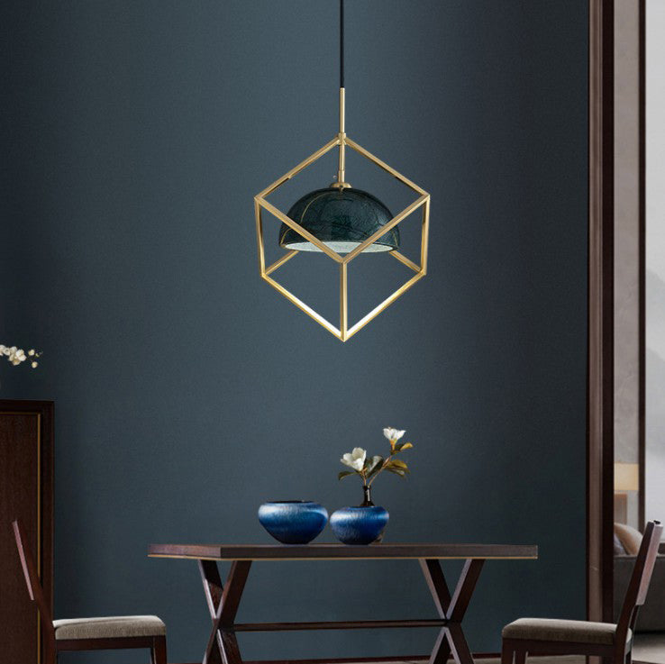 Blackish Green Shade Pendant Light Retro Nordic 1-Light Marble Hanging Light with Gold Cage