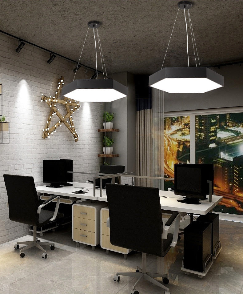 Metal Hexagonal Pendant Ceiling Light Simplicity Black LED Hanging Light with Acrylic Diffuser
