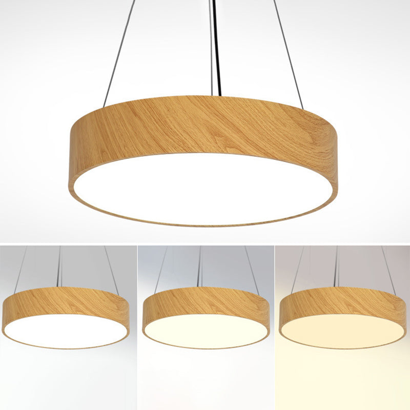 Wood Grain Drum Shaped Pendant Nordic Metal LED Hanging Lamp with Acrylic Shade for Office