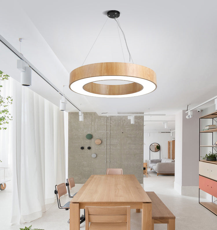 Illuminazione a sospensione circolare in stile nordico finitura in legno da ufficio in metallo luce a sospensione