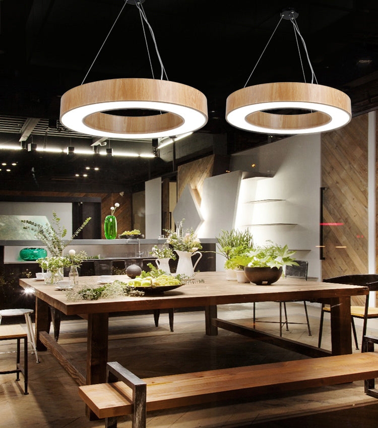 Illuminazione a sospensione circolare in stile nordico finitura in legno da ufficio in metallo luce a sospensione