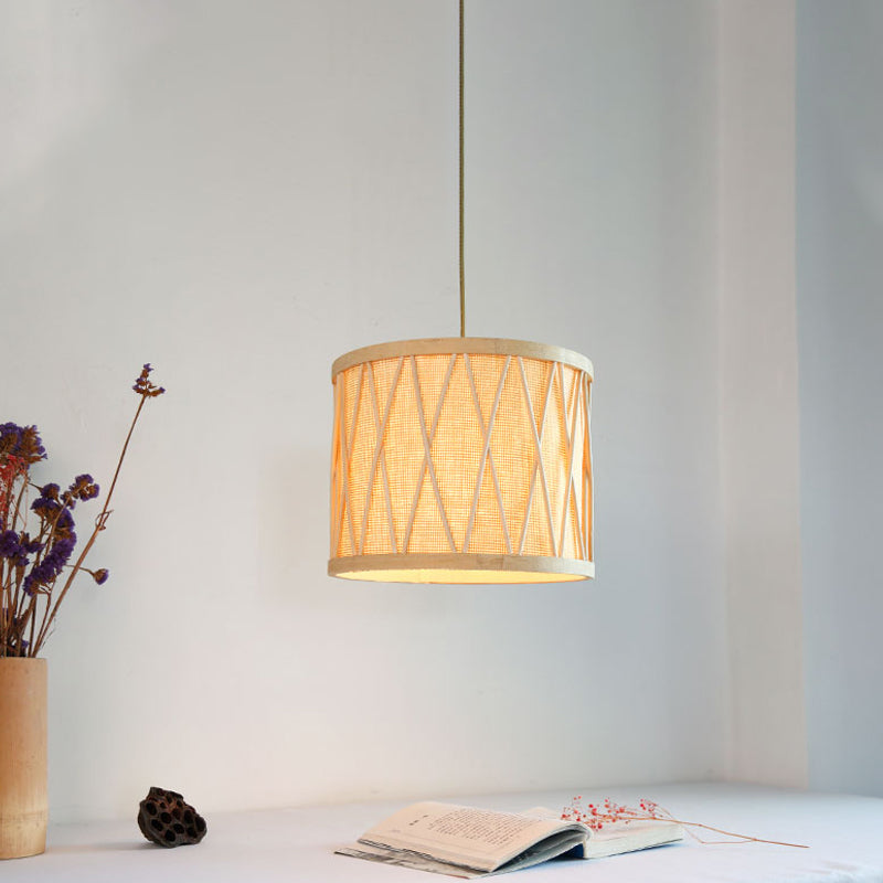 Lampada a soffitto di batteria di bambù moderna 1 lampadina a sospensione Light in beige per soggiorno