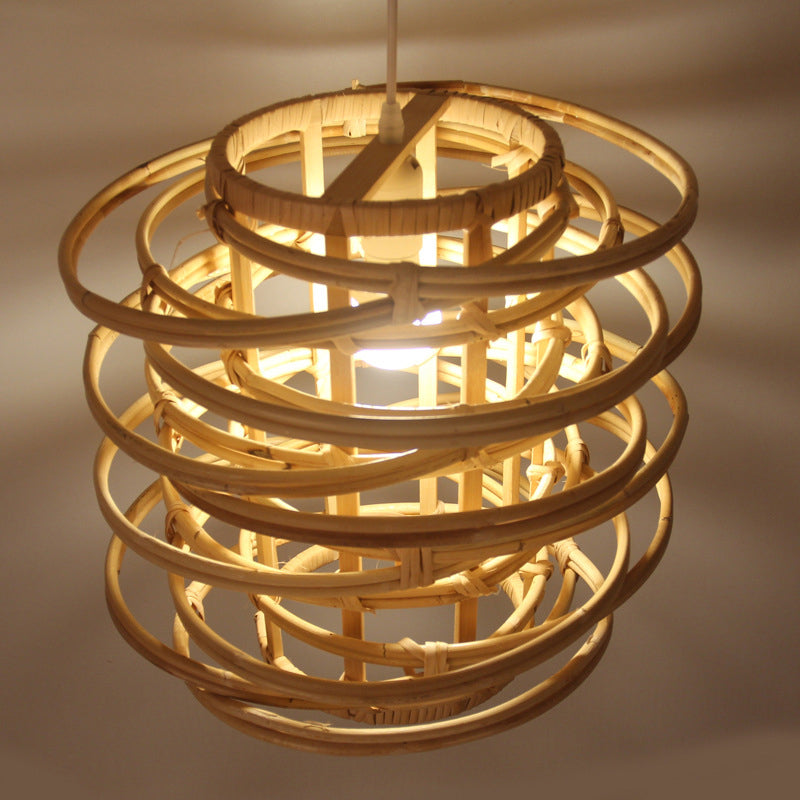 Wood Circle Hanging Lamp Retro 1 Head Bamboo Ceiling Pendant Light for Restaurant
