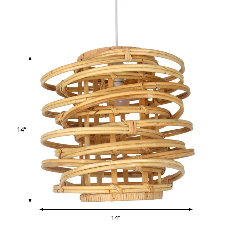 Wood Circle Hanging Lamp Retro 1 Head Bamboo Ceiling Pendant Light for Restaurant