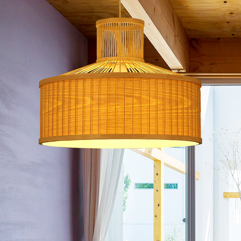18"/23.5" Wide Cylinder Suspension Pendant Retro Bamboo 1 Bulb Wood Hanging Light Kit