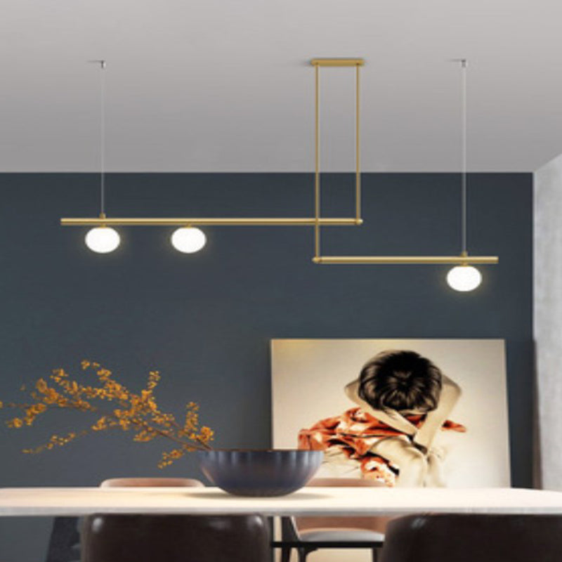 Gold Finish Linear Hanging Light Simplicity Metal Island Light with Ball White Glass Shade