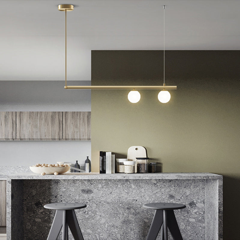 Gold Finish Linear Hanging Light Simplicity Metal Island Light with Ball White Glass Shade