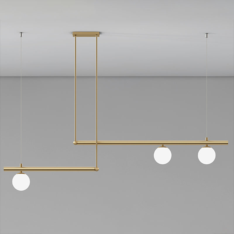 Gold Finish Linear Hanging Light Simplicity Metal Island Light with Ball White Glass Shade