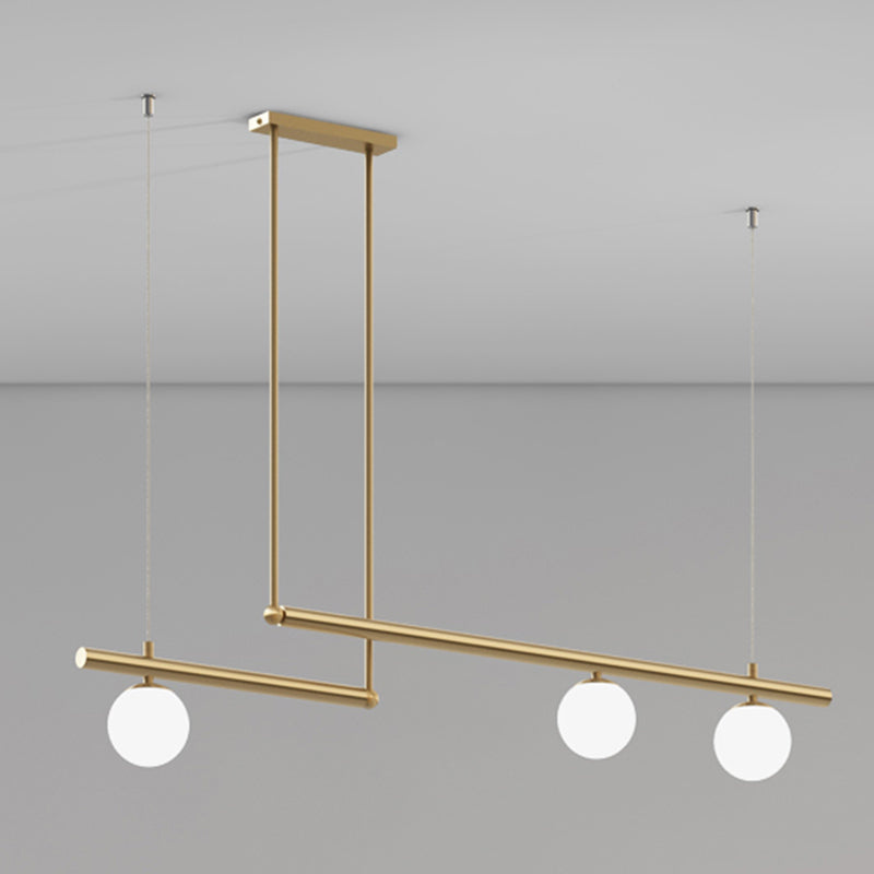 Gold Finish Linear Hanging Light Simplicity Metal Island Light with Ball White Glass Shade