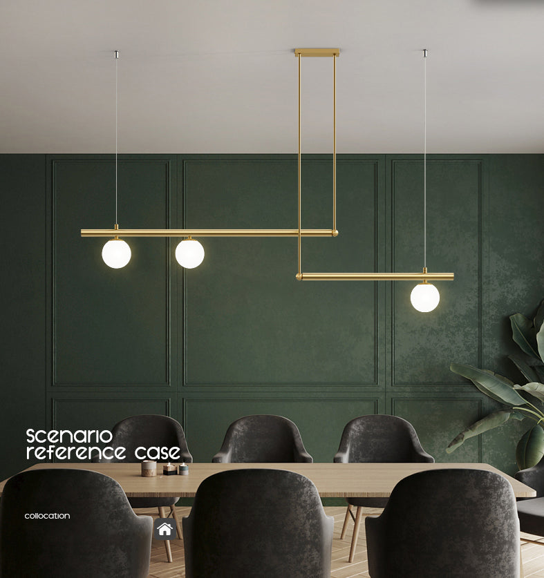 Gold Finish Linear Hanging Light Simplicity Metal Island Light with Ball White Glass Shade