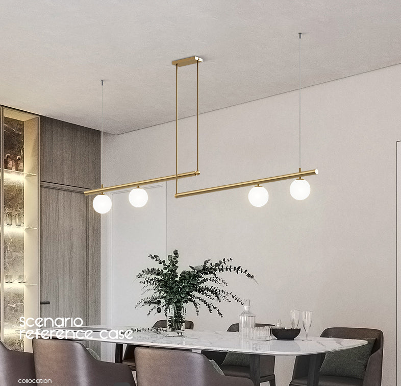 Gold Finish Linear Hanging Light Simplicity Metal Island Light with Ball White Glass Shade