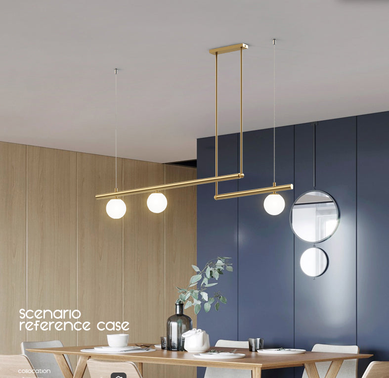 Gold Finish Linear Hanging Light Simplicity Metal Island Light with Ball White Glass Shade
