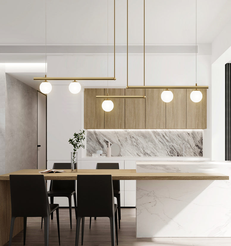 Gold Finish Linear Hanging Light Simplicity Metal Island Light with Ball White Glass Shade