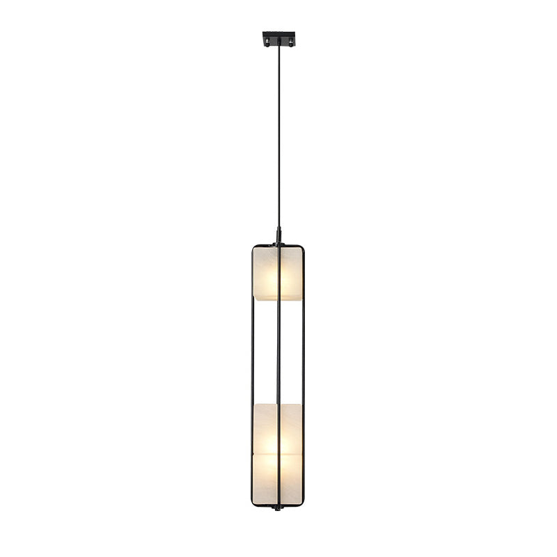 Frosted White Glass Box Pendant Lamp Modern 2-Light Black Island Lighting with Cage