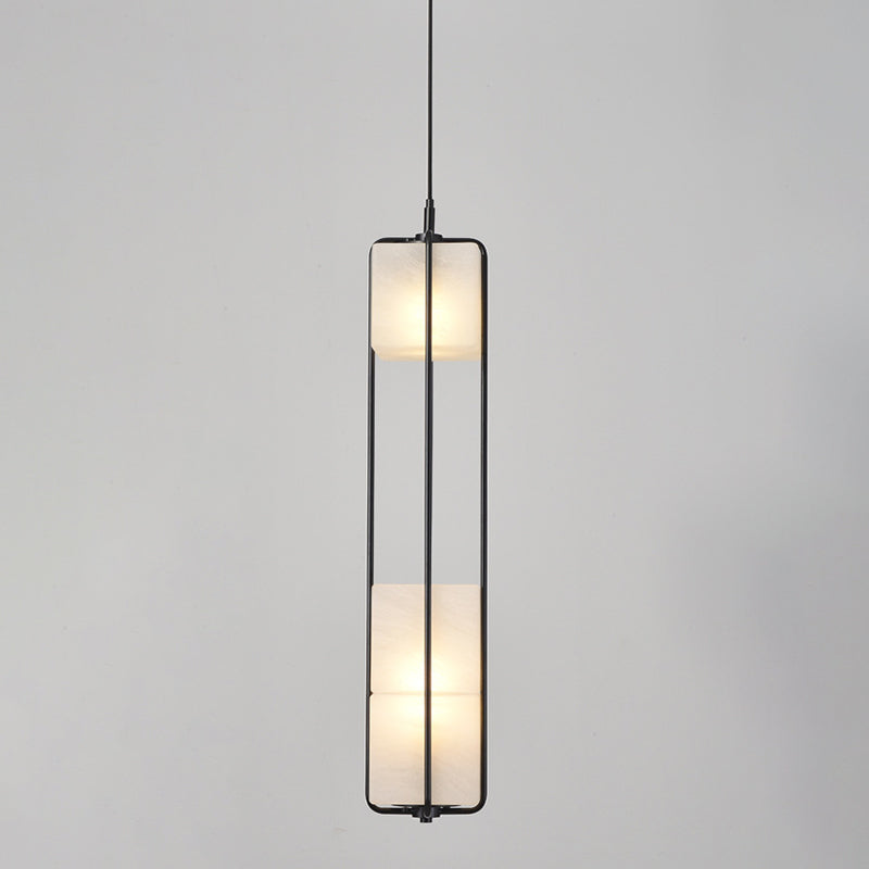 Frosted White Glass Box Pendant Lamp Modern 2-Light Black Island Lighting with Cage