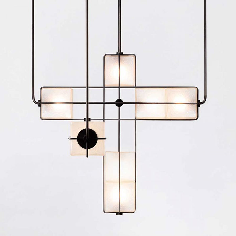 Frosted White Glass Box Pendant Lamp Modern 2-Light Black Island Lighting with Cage