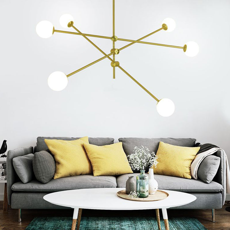 Rotating Linear Metal Island Light Fixture Minimalist Titanium Gold Pendant Light with Ball Milk Glass Shade