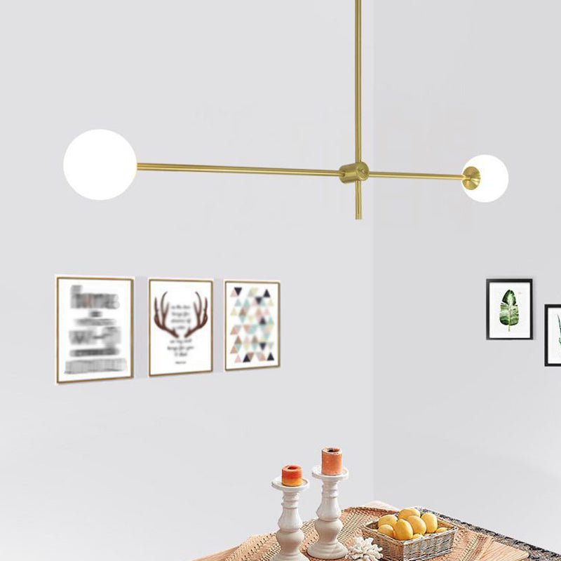 Rotating Linear Metal Island Light Fixture Minimalist Titanium Gold Pendant Light with Ball Milk Glass Shade