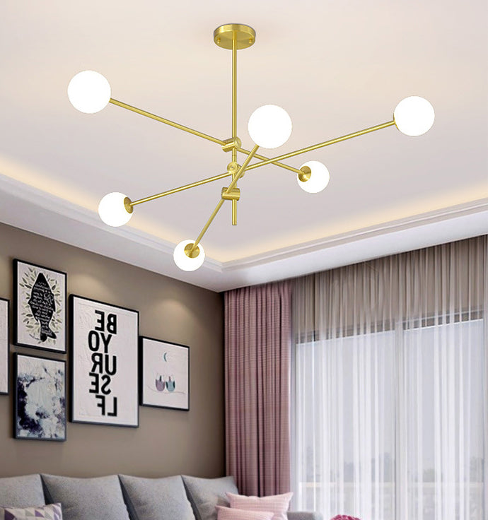 Rotating Linear Metal Island Light Fixture Minimalist Titanium Gold Pendant Light with Ball Milk Glass Shade