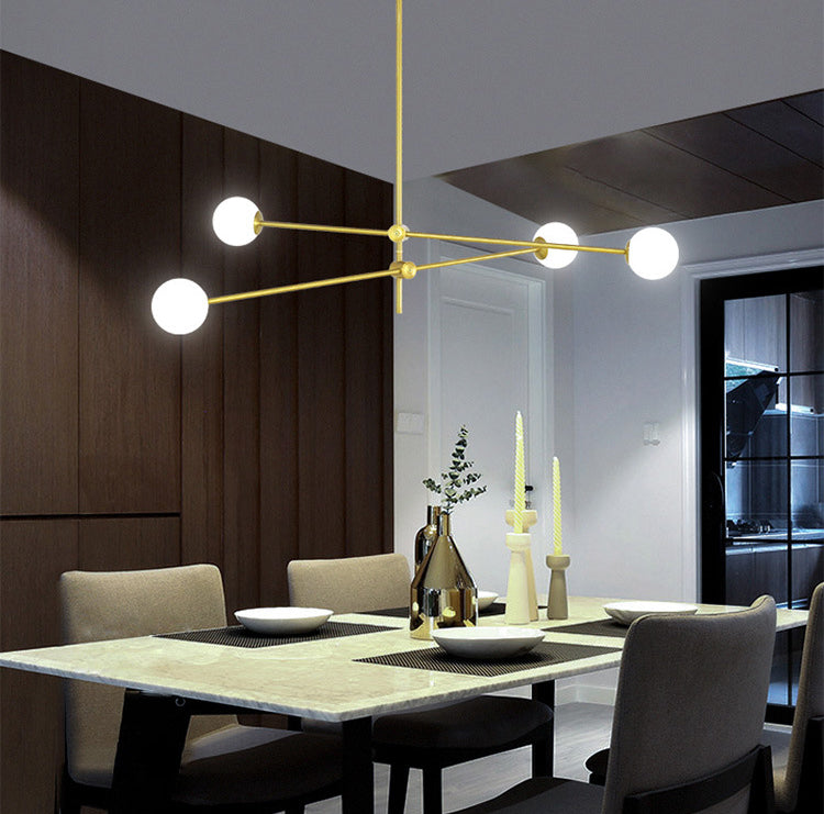 Rotating Linear Metal Island Light Fixture Minimalist Titanium Gold Pendant Light with Ball Milk Glass Shade