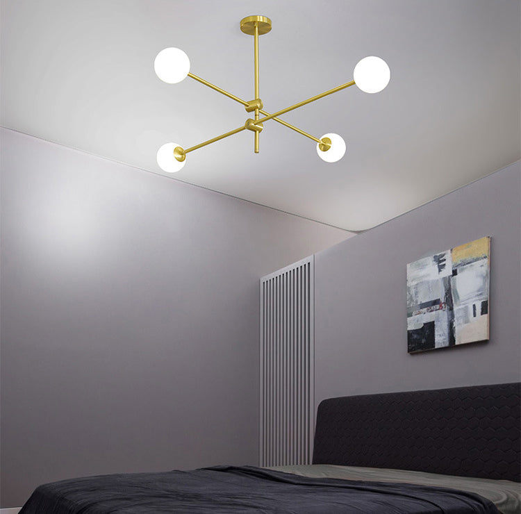 Rotating Linear Metal Island Light Fixture Minimalist Titanium Gold Pendant Light with Ball Milk Glass Shade