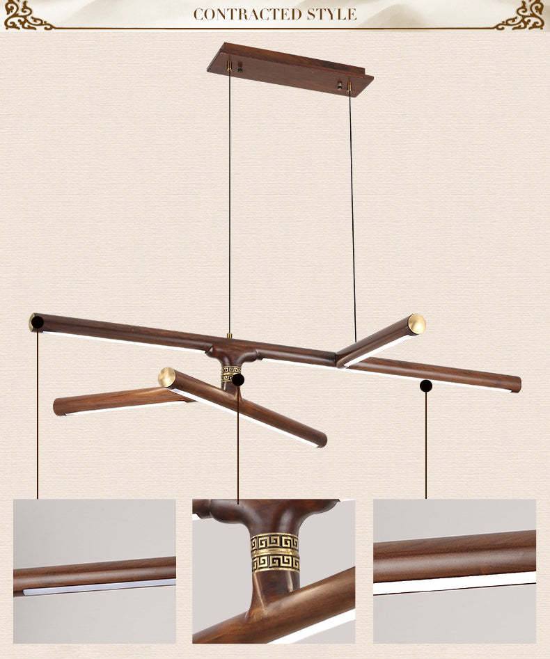 Linear Tea Room Suspension Lamp Wooden Minimalist LED Hanging Island Light Fixture