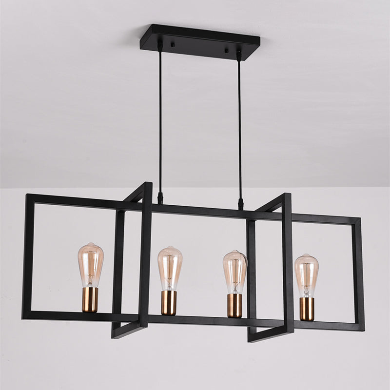 Rectangular Diner Hanging Lamp Industrial Metal 4-Bulb Black Cage Island Lighting