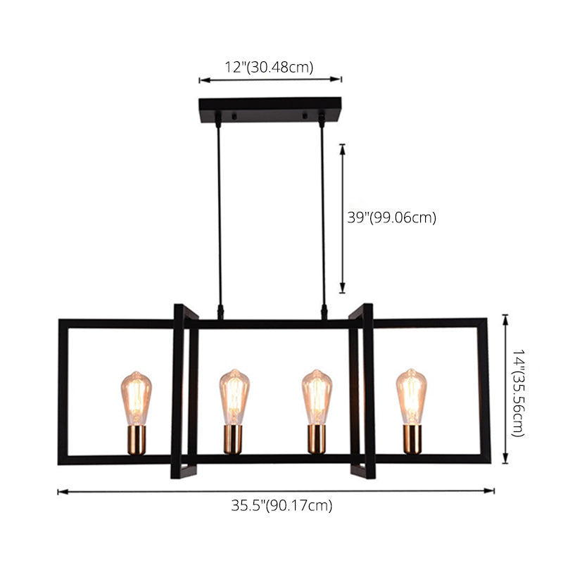 Rectangular Diner Hanging Lamp Industrial Metal 4-Bulb Black Cage Island Lighting