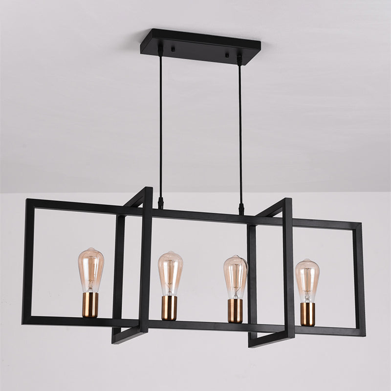 Rectangular Diner Hanging Lamp Industrial Metal 4-Bulb Black Cage Island Lighting