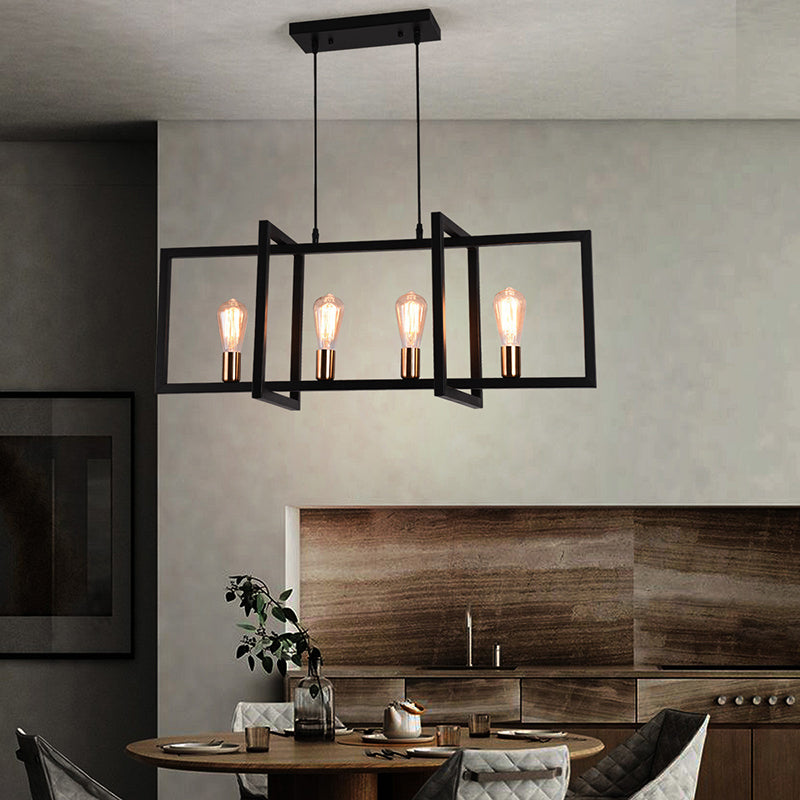 Rectangular Diner Hanging Lamp Industrial Metal 4-Bulb Black Cage Island Lighting
