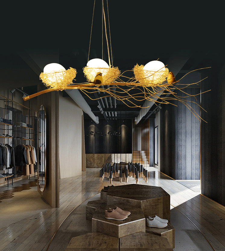 Bird and Nest Island Lampada decorativa in metallo in metallo appeso con tonalità in vetro di uova