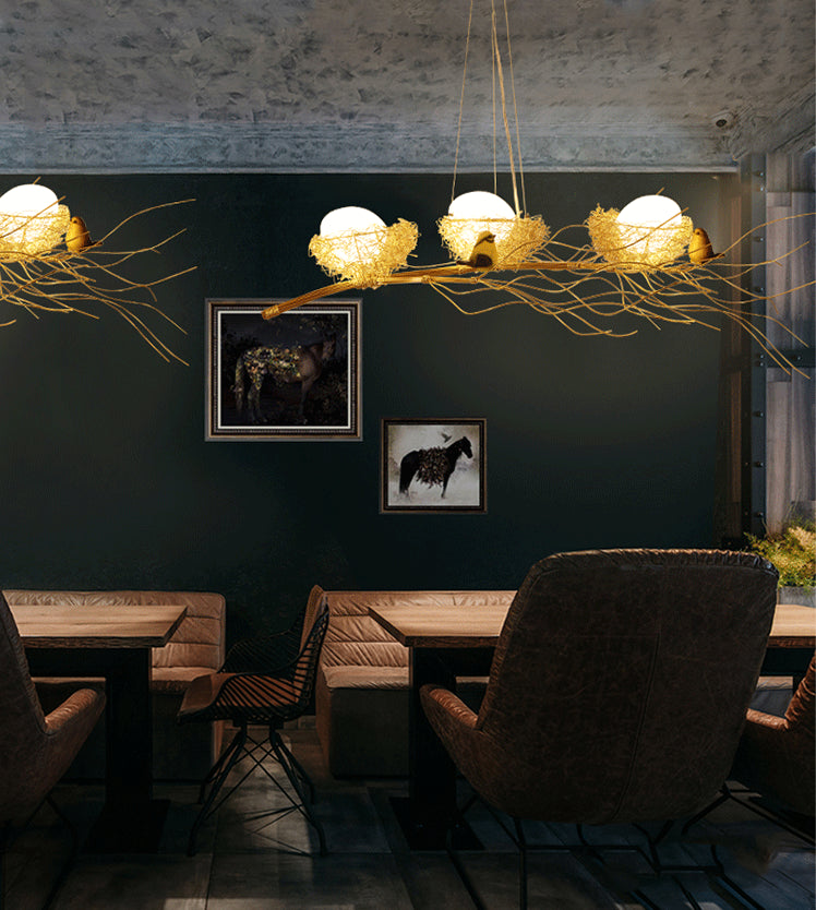 Bird and Nest Island Lampada decorativa in metallo in metallo appeso con tonalità in vetro di uova