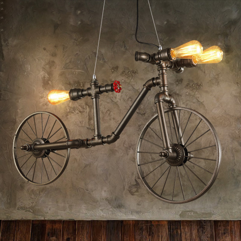Lampada a sospensione a sospensione a forma di bici a forma di bici decorativo in metallo a 3 luci in bronzo