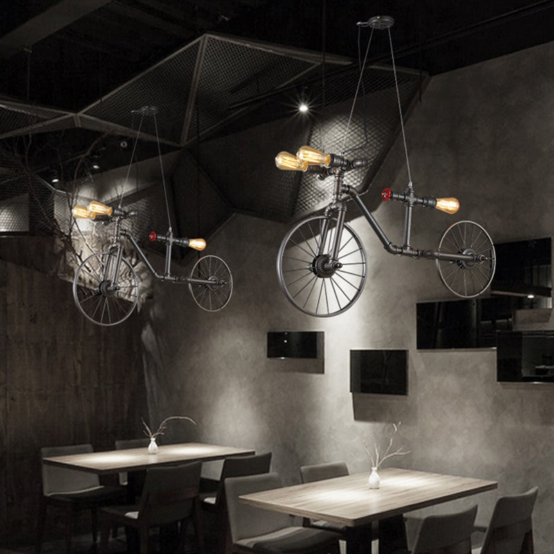 Lampada a sospensione a sospensione a forma di bici a forma di bici decorativo in metallo a 3 luci in bronzo