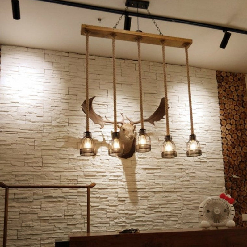 5-Head Rope Pendant Lamp Industrial Beige Linear Restaurant Island Light with Cage