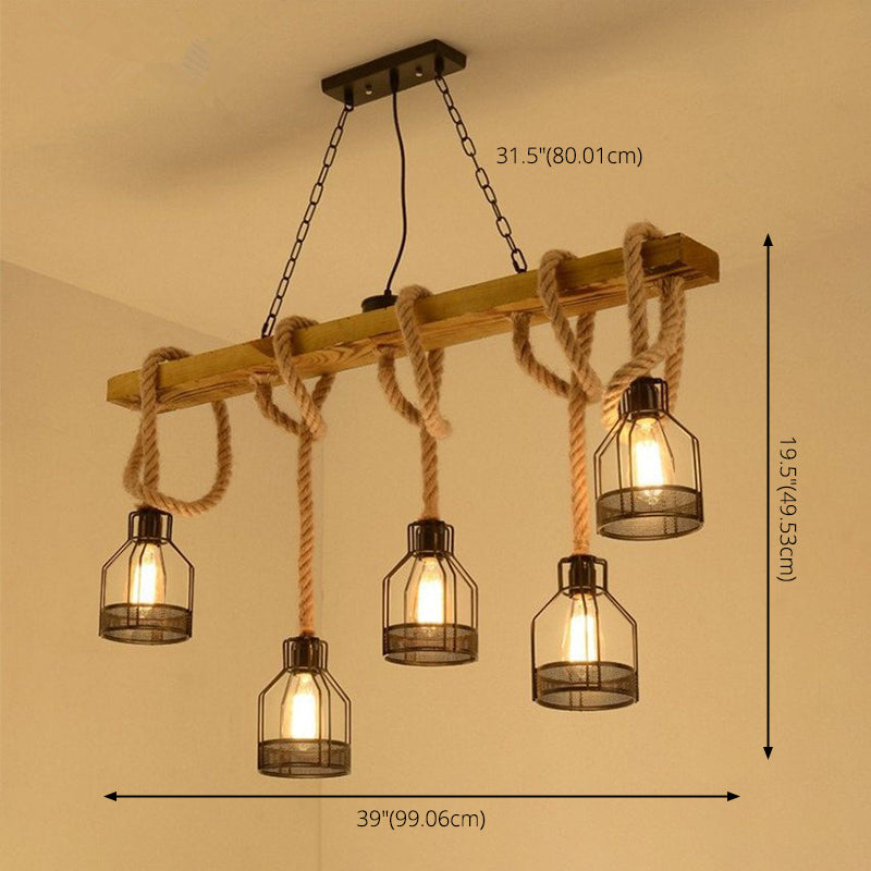 5-Head Rope Pendant Lamp Industrial Beige Linear Restaurant Island Light with Cage