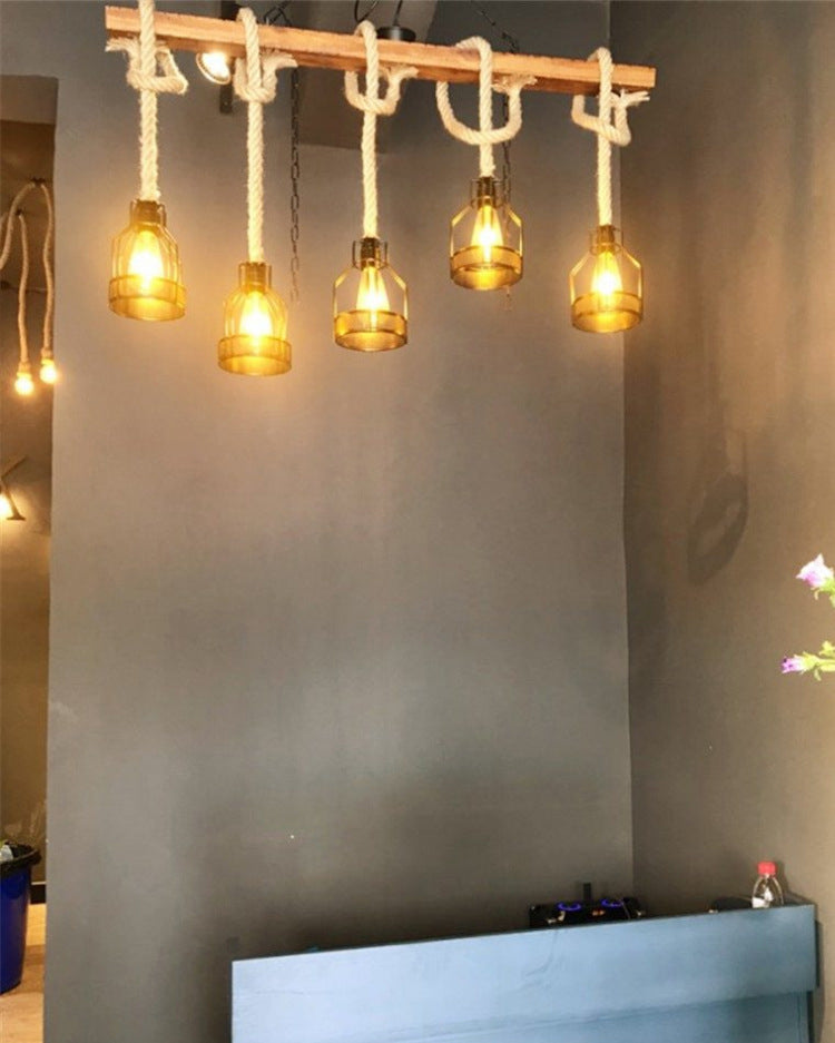 5-Head Rope Pendant Lamp Industrial Beige Linear Restaurant Island Light with Cage
