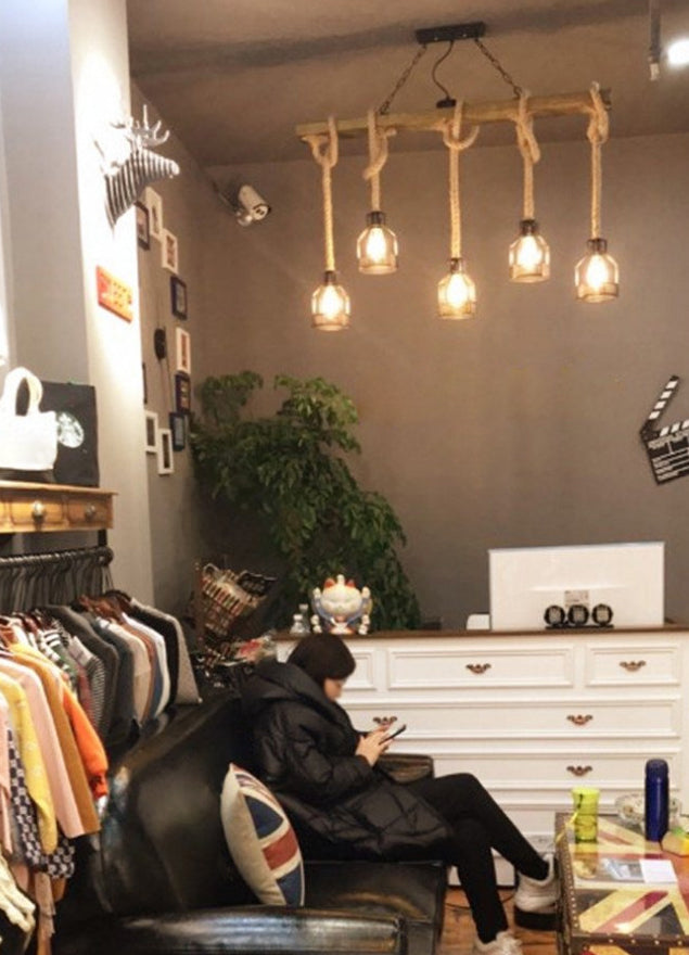 5-Head Rope Pendant Lamp Industrial Beige Linear Restaurant Island Light with Cage