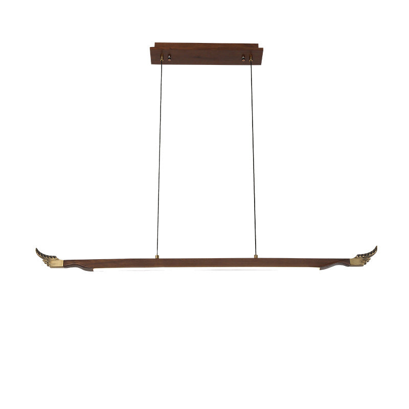 Minimalistic Linear Island Lighting Walnut Wood Tea Room LED Hanging Light in Dark Brown