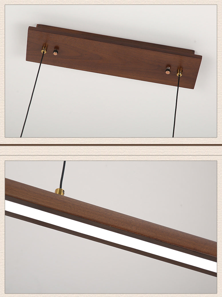 Minimalistic Linear Island Lighting Walnut Wood Tea Room LED Hanging Light in Dark Brown