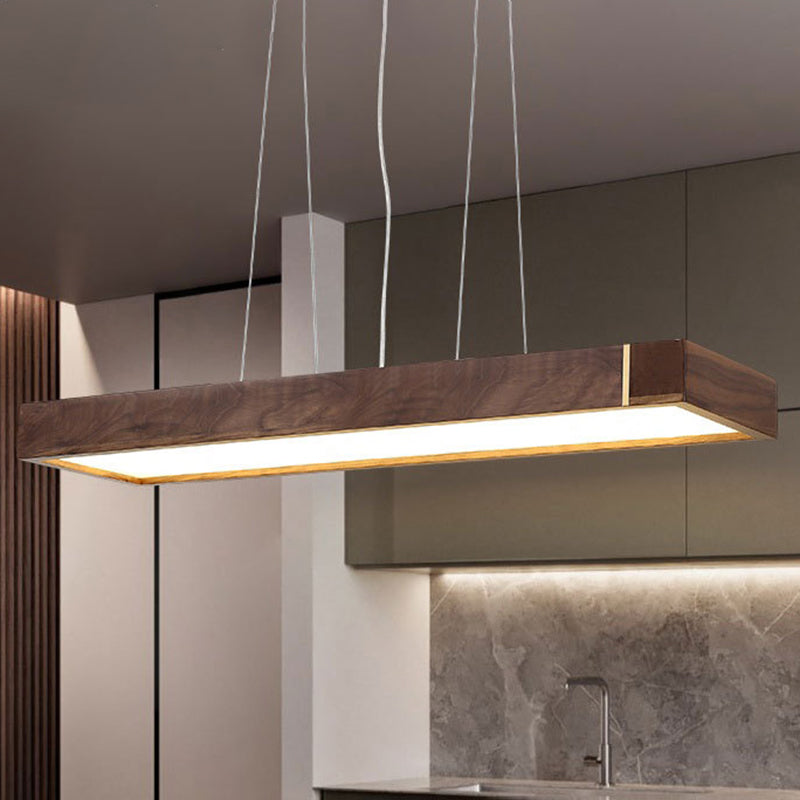 Walnut Wood Rectangular Pendant Light Nordic Dark Brown LED Hanging Light over Island