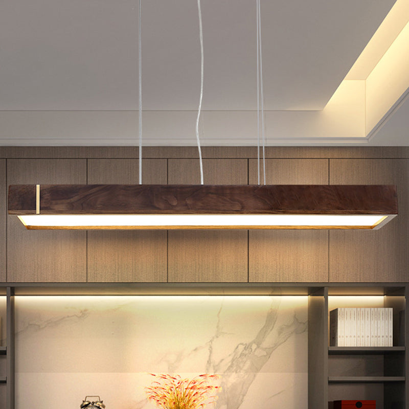 Walnut Wood Rectangular Pendant Light Nordic Dark Brown LED Hanging Light over Island