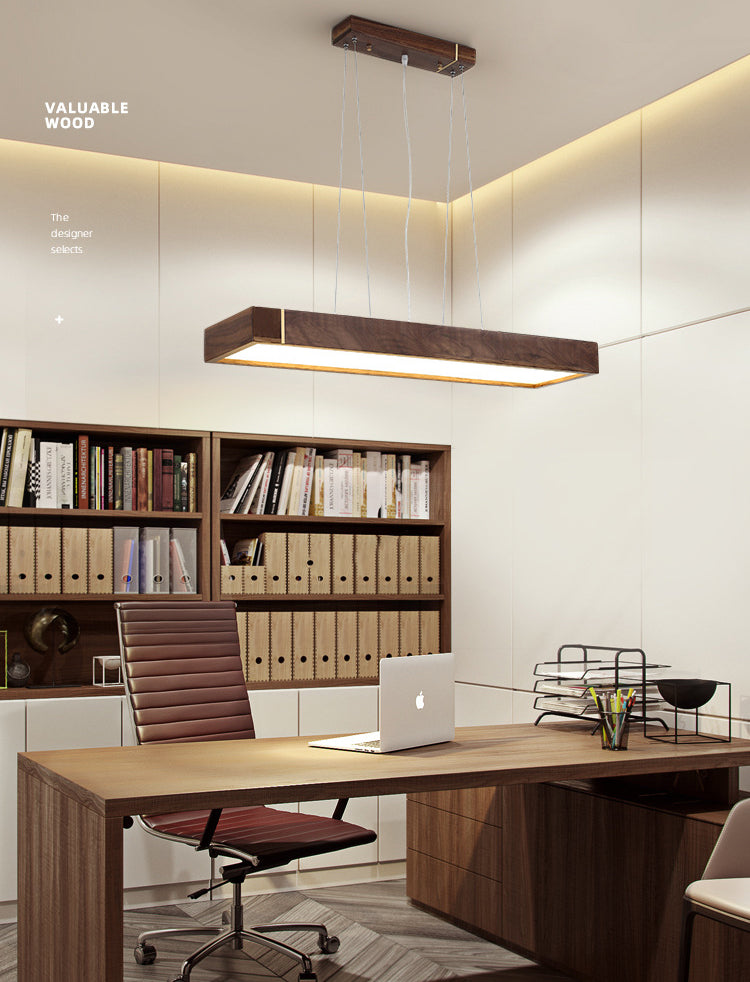 Walnut Wood Rectangular Pendant Light Nordic Dark Brown LED Hanging Light over Island