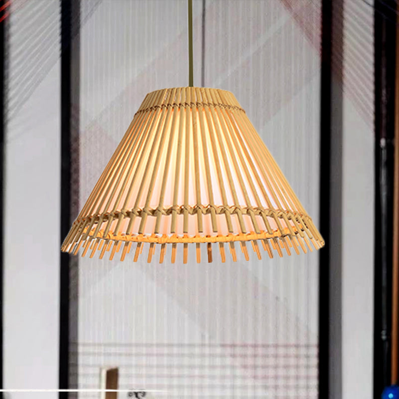 Bamboo Cone Ceiling Lamp Modern 1 Bulb Hanging Pendant Light in Wood for Living Room