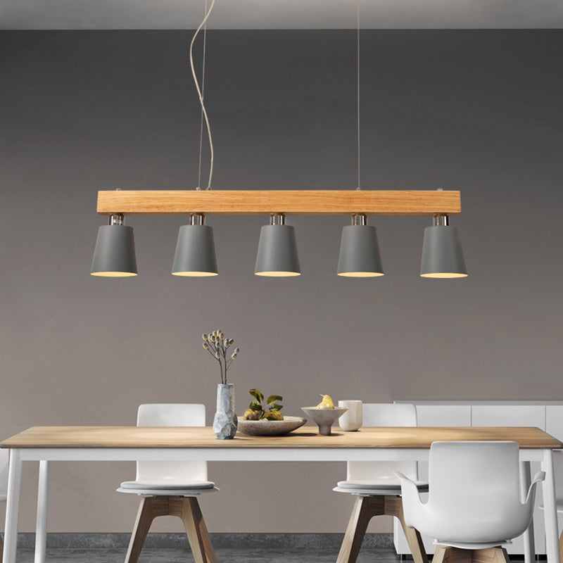 Linear Wooden Island Light Fixture Nordic Suspension Light with Tapered Metal Shade