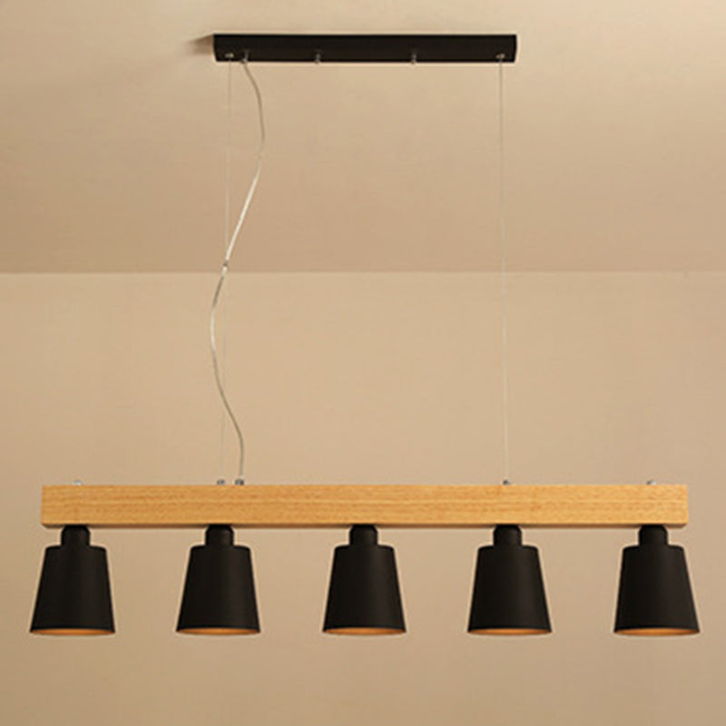 Linear Wooden Island Light Fixture Nordic Suspension Light with Tapered Metal Shade